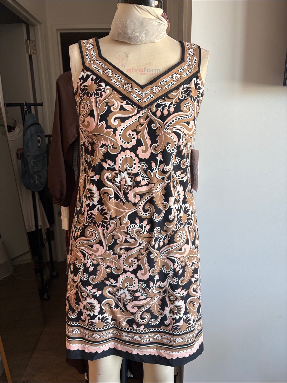 Talbots Black and Blush Paisley Sleeveless Shift Dress